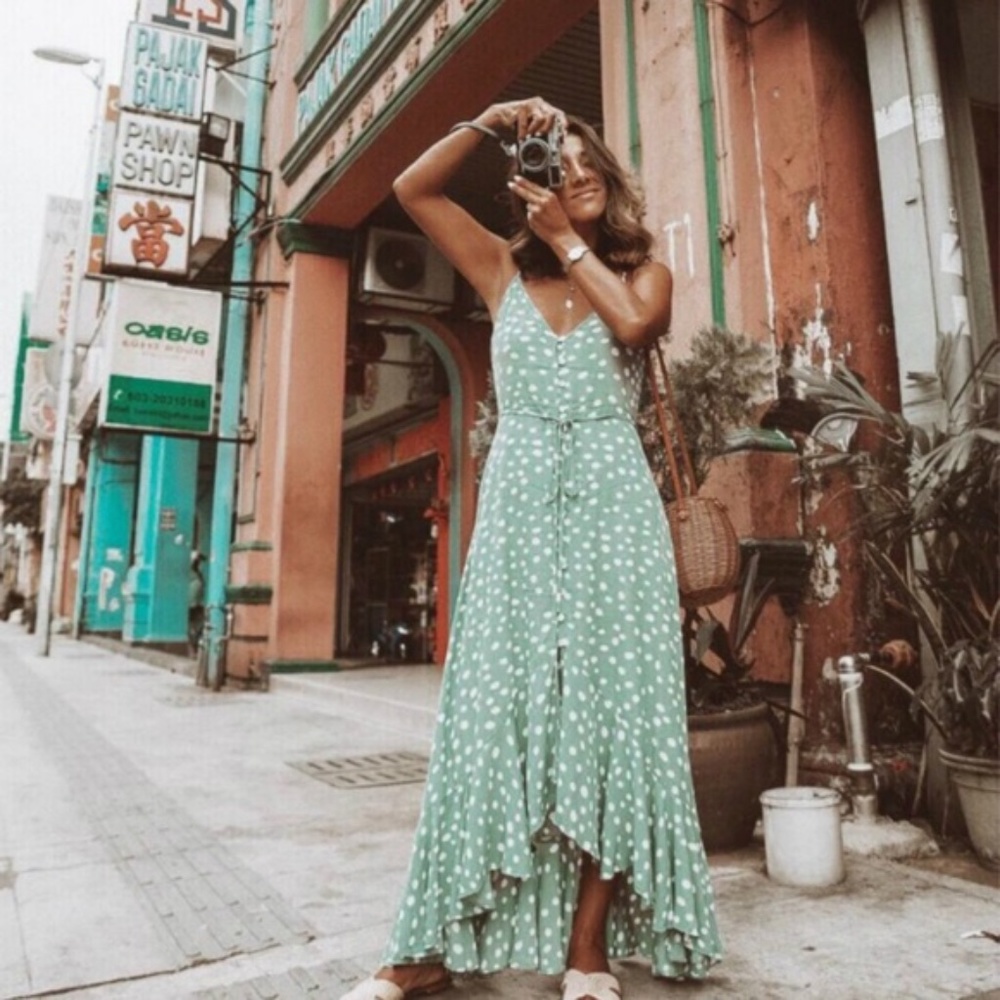 Boho Rust polka dot ruffle button up maxi Dress - Picture 3 of 7